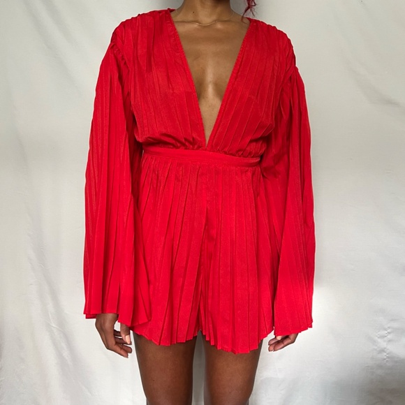 Bold Red Pleated Romper - Deep V-Neck - Picture 8 of 8